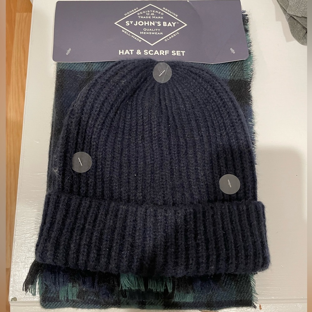 St. John’s Bay Hat and Scarf Set. Brand new. Navy hat, flannel blue/green scarf.
